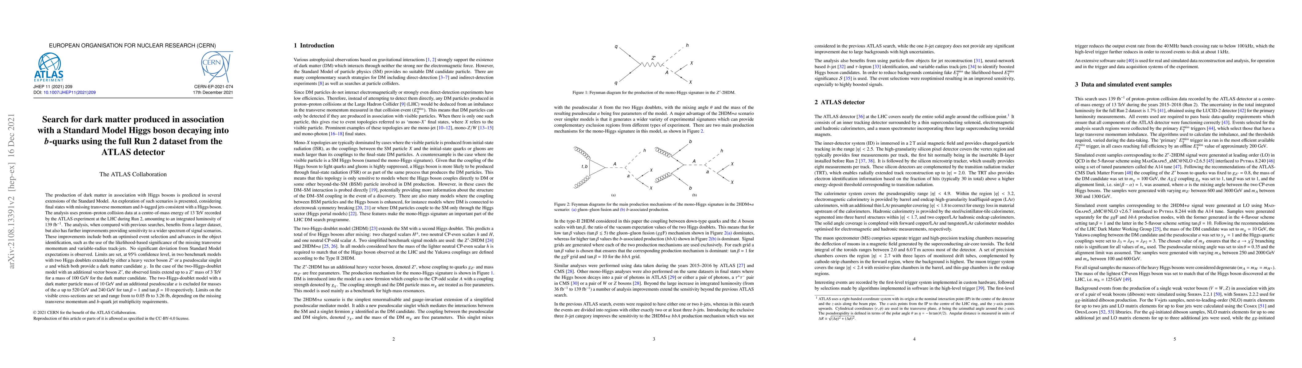 Thumbnail for Search for dark matter produced in association with a Standard Model
  Higgs boson decaying into $b$-quarks using the full Run 2 dataset from the
  ATLAS detector