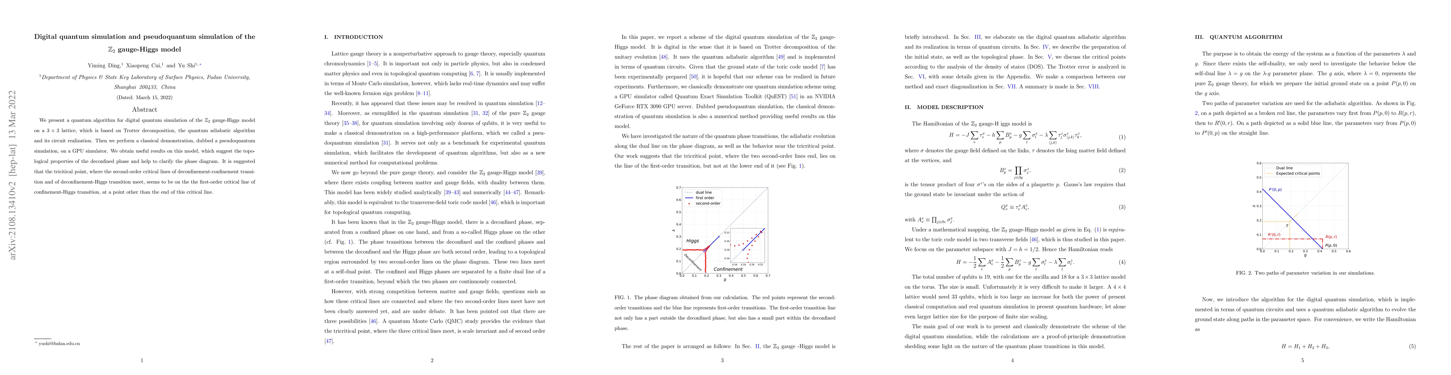 Thumbnail for Digital quantum simulation and Pseudoquantum Simulation of
  $\mathbb{Z}_2$ Gauge Higgs Model