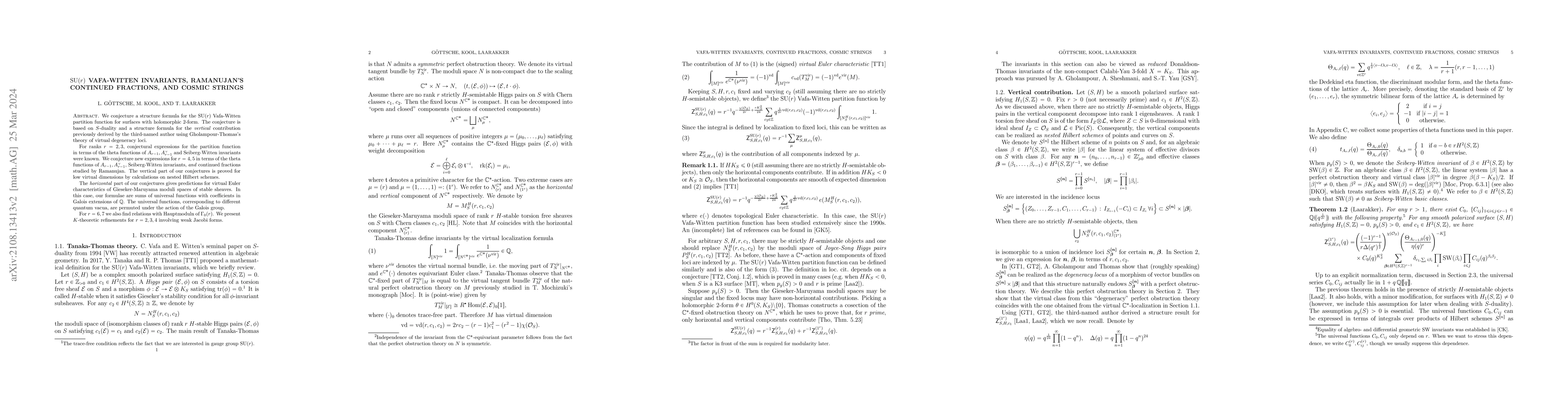 Thumbnail for $\mathrm{SU}(r)$ Vafa-Witten invariants, Ramanujan's continued
  fractions, and cosmic strings