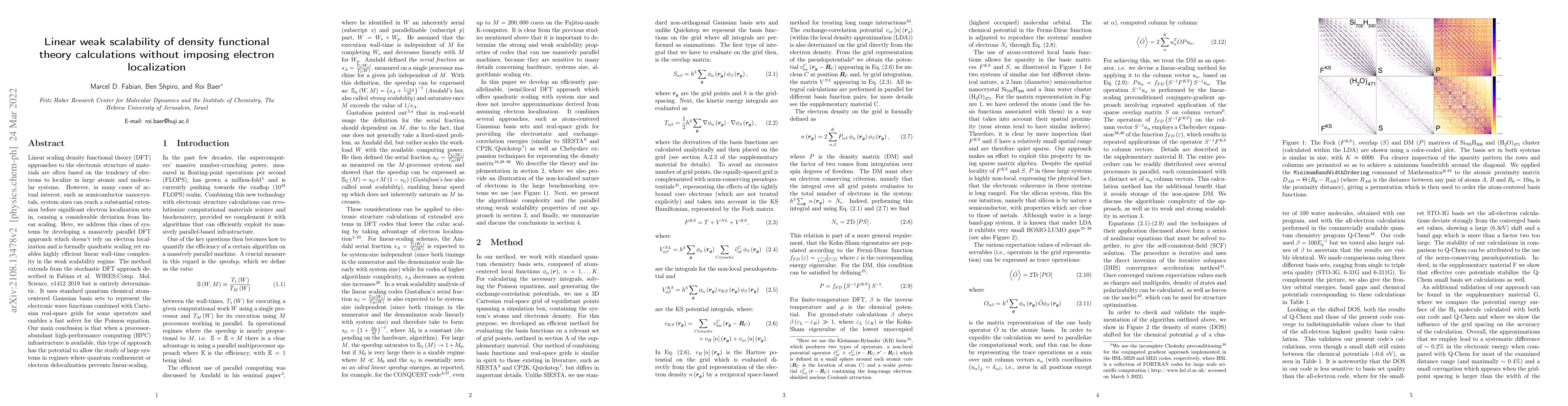 Thumbnail for Linear scalability of density functional theory calculations without
  imposing electron localization