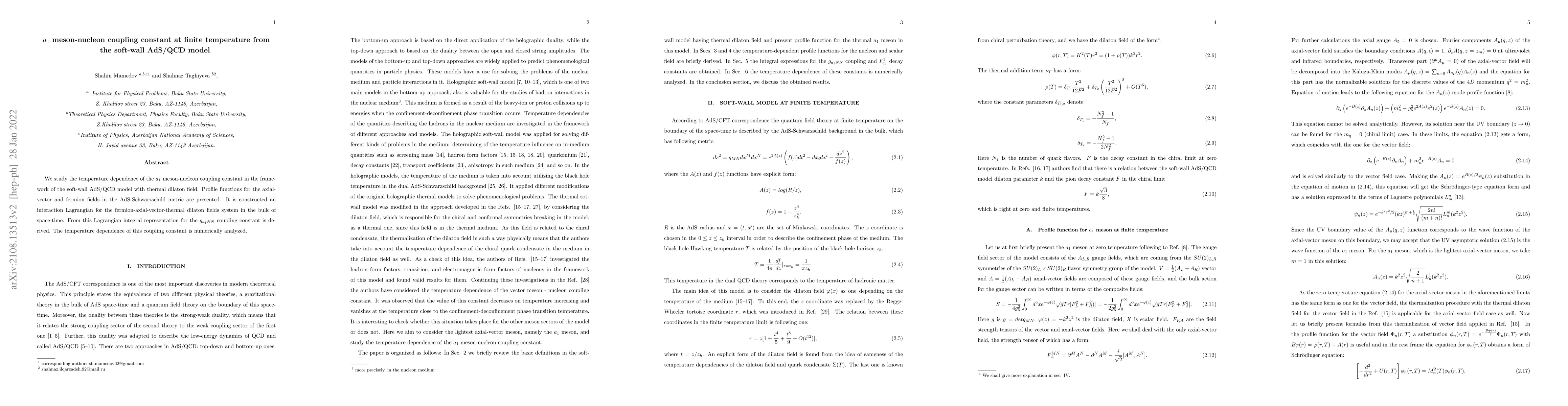 Thumbnail for $a_{1}$ meson-nucleon coupling constant at finite temperature from the
  soft-wall AdS/QCD model
