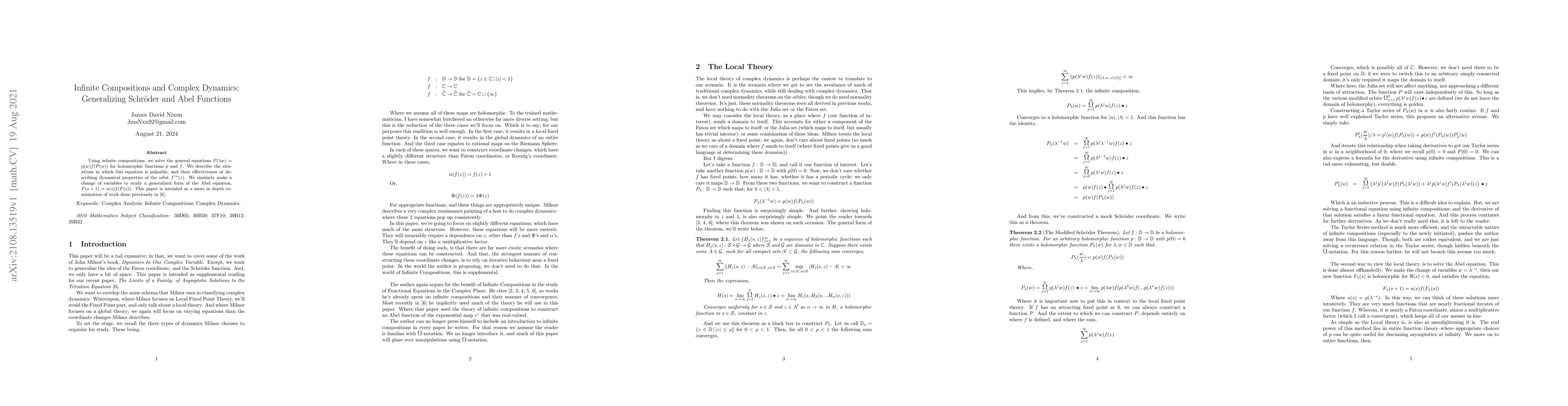 Thumbnail for Infinite Compositions and Complex Dynamics; Generalizing Schr\"{o}der
  and Abel Functions
