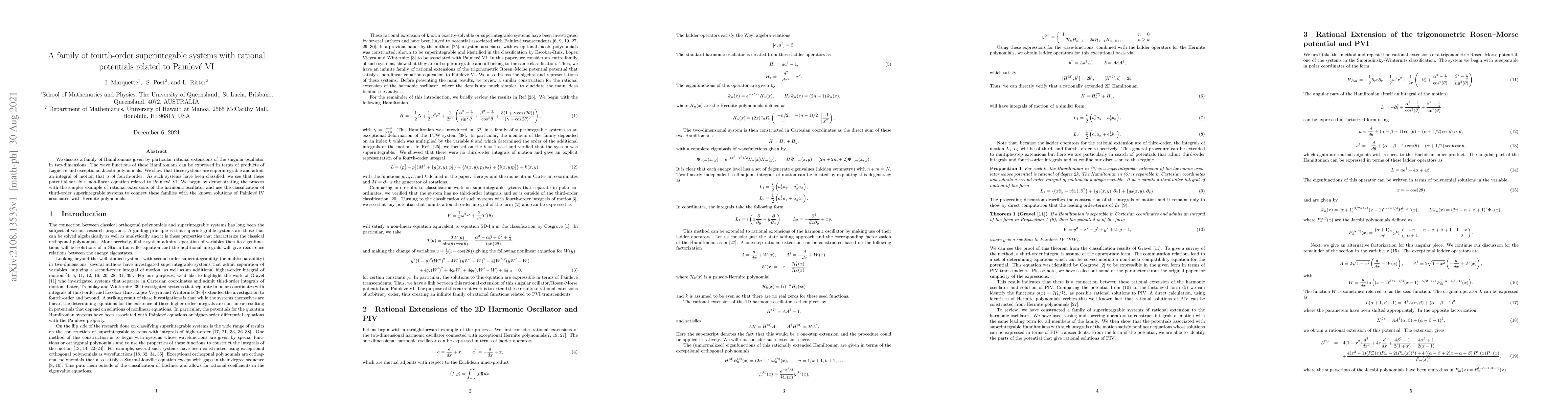 Thumbnail for A family of fourth-order superintegable systems with rational potentials
  related to Painlev\'e VI