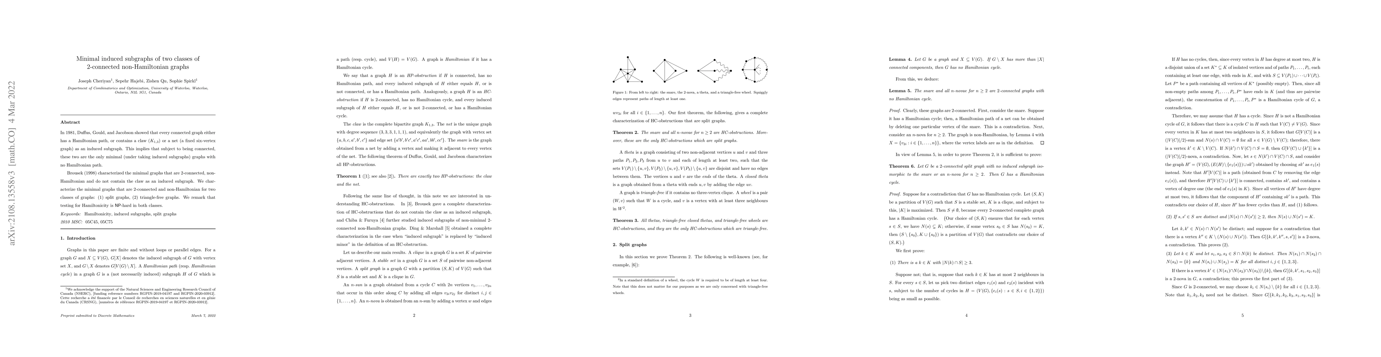 Thumbnail for Minimal induced subgraphs of two classes of 2-connected non-Hamiltonian
  graphs