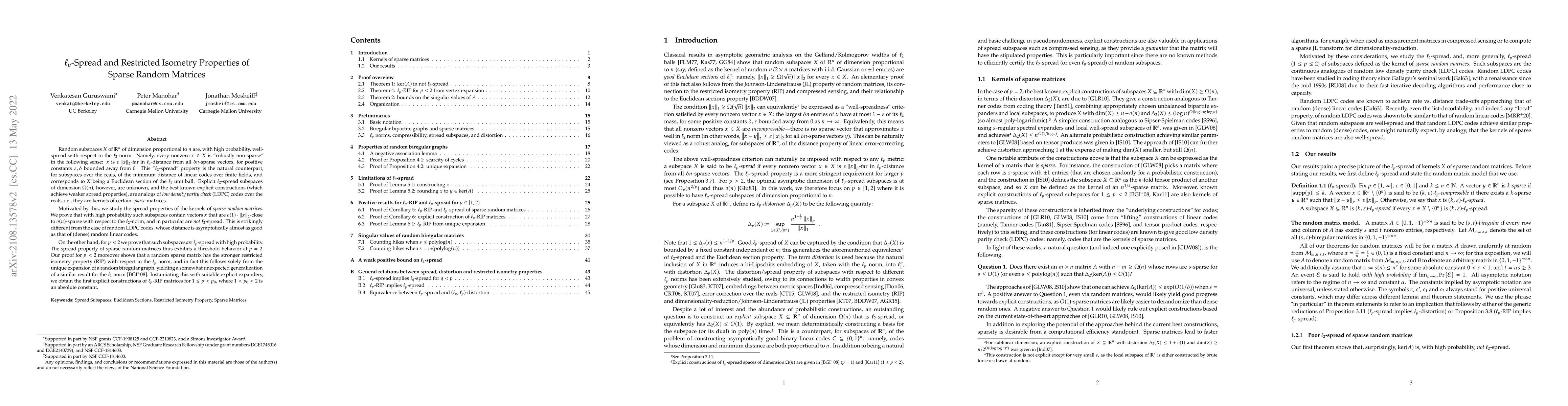Thumbnail for $\ell_p$-Spread and Restricted Isometry Properties of Sparse Random
  Matrices