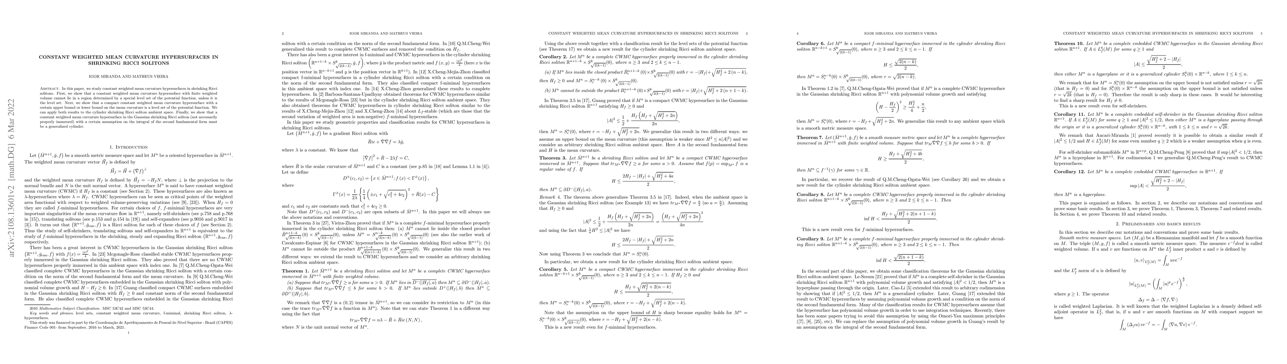 Thumbnail for Constant weighted mean curvature hypersurfaces in Shrinking Ricci
  Solitons