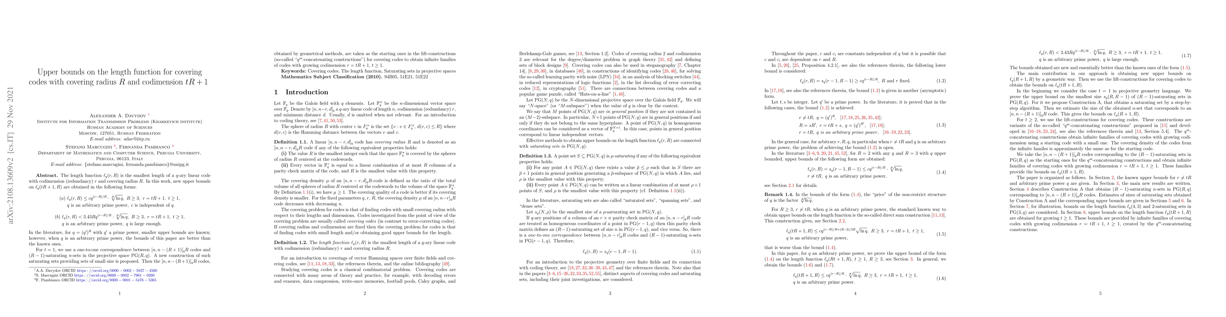 Thumbnail for Upper bounds on the length function for covering codes with covering
  radius $R$ and codimension $tR+1$
