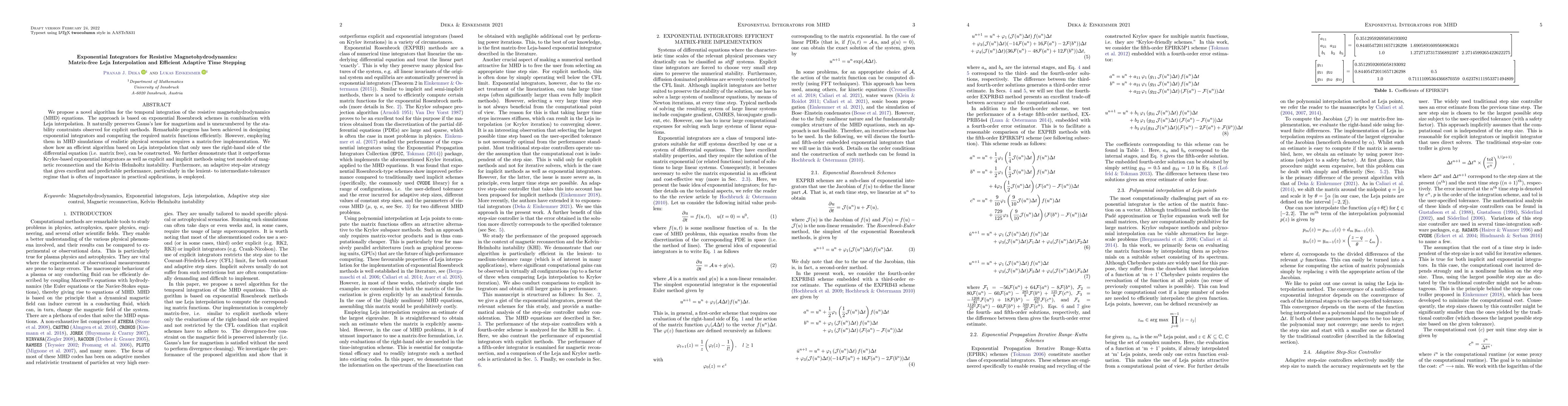 Thumbnail for Exponential Integrators for Resistive Magnetohydrodynamics: Matrix-free
  Leja Interpolation and Efficient Adaptive Time Stepping