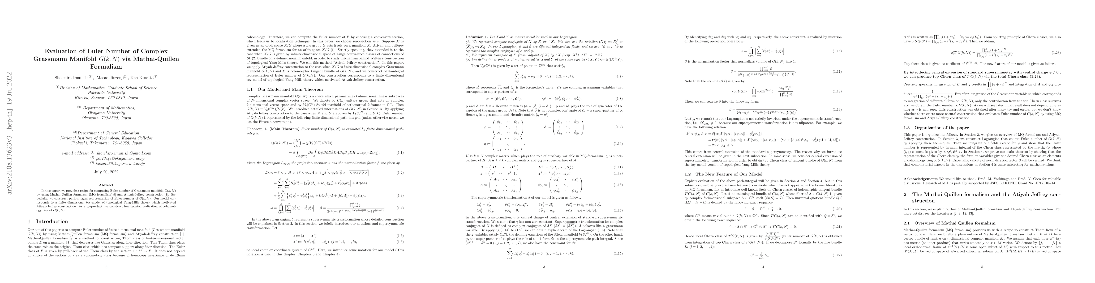 Thumbnail for Evaluation of Euler Number of Complex Grassmann Manifold G(k, N) via
  Mathai-Quillen Formalism