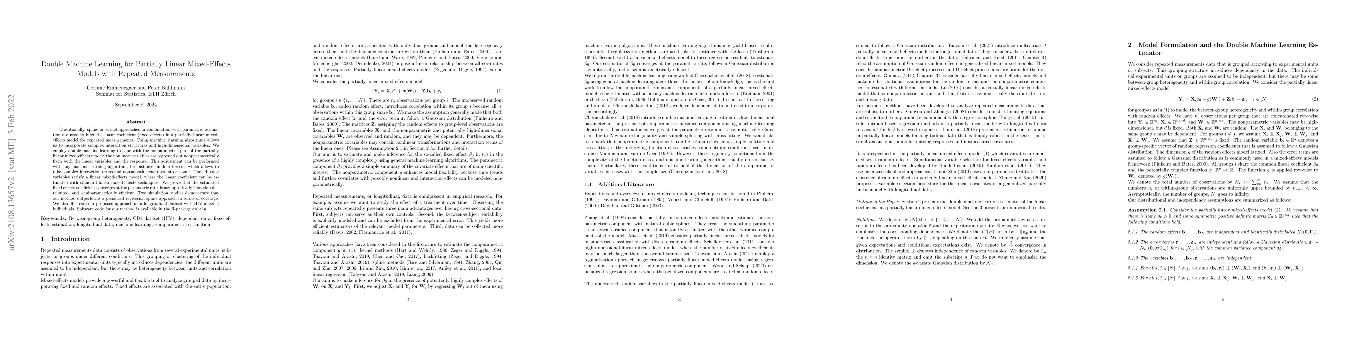 Thumbnail for Double Machine Learning for Partially Linear Mixed-Effects Models with
  Repeated Measurements