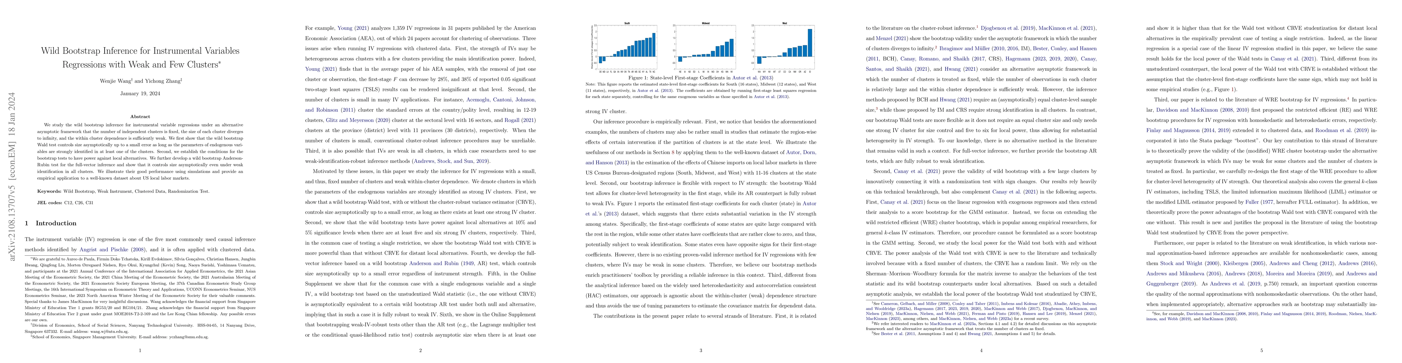 Thumbnail for Wild Bootstrap for Instrumental Variables Regressions with Weak and Few
  Clusters