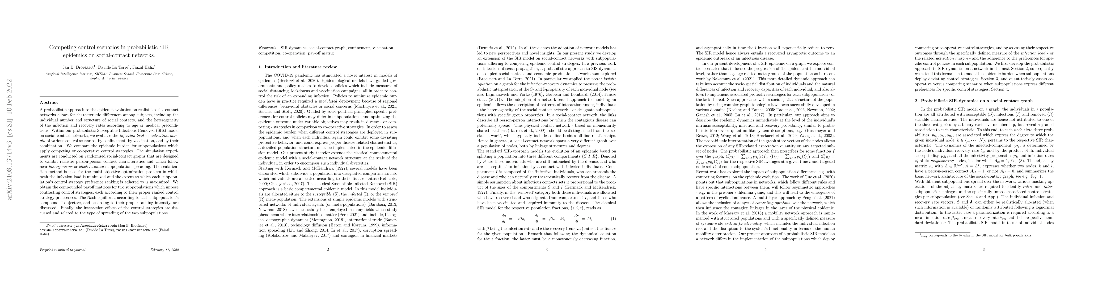 Thumbnail for Competing control scenarios in probabilistic SIR epidemics on
  social-contact networks