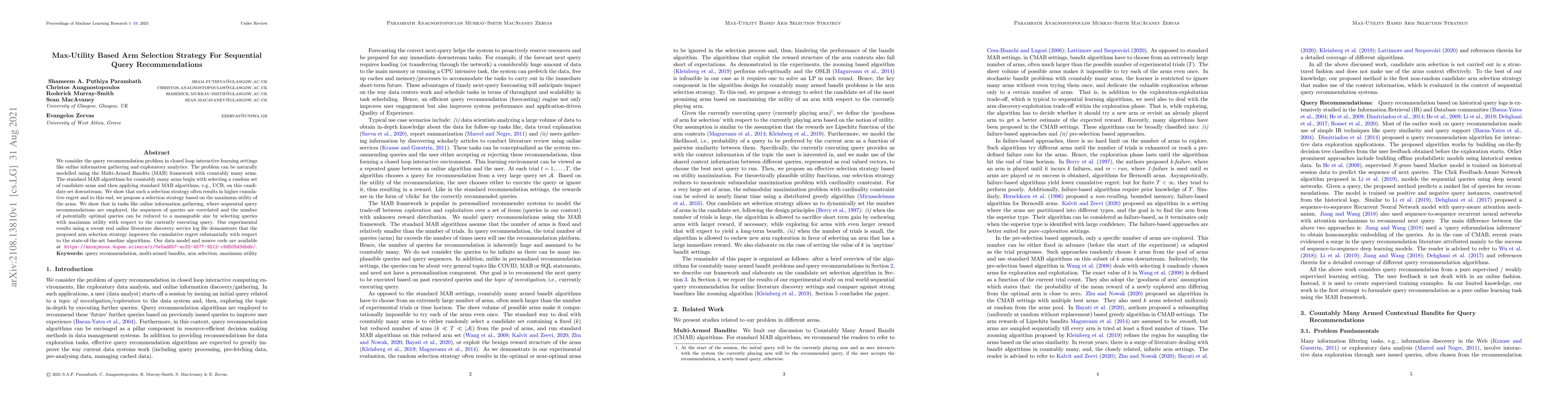 Thumbnail for Max-Utility Based Arm Selection Strategy For Sequential Query
  Recommendations