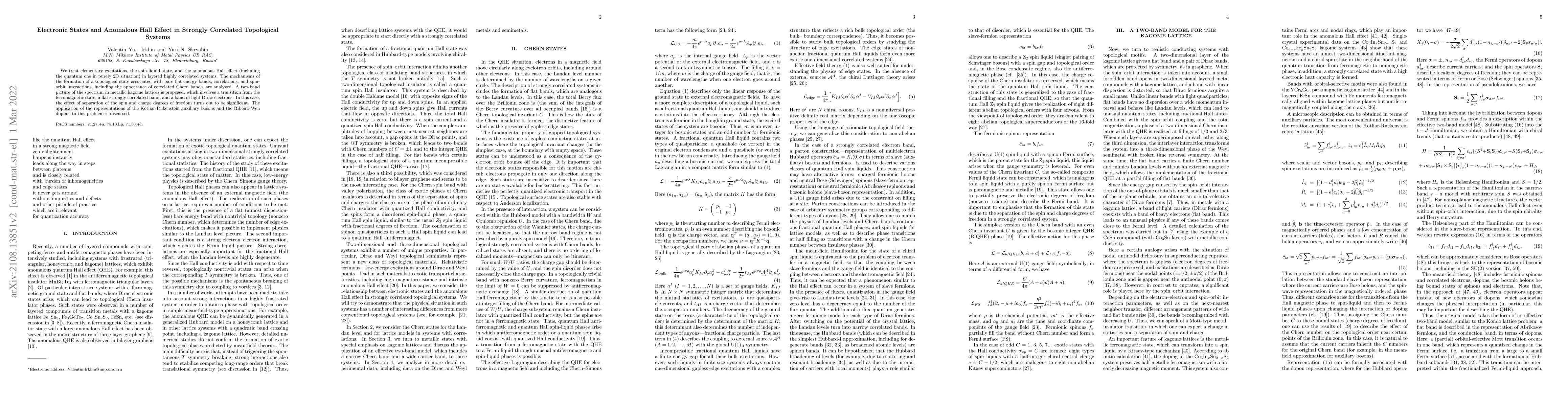 Thumbnail for Electronic States and Anomalous Hall Effect in Strongly Correlated
  Topological Systems