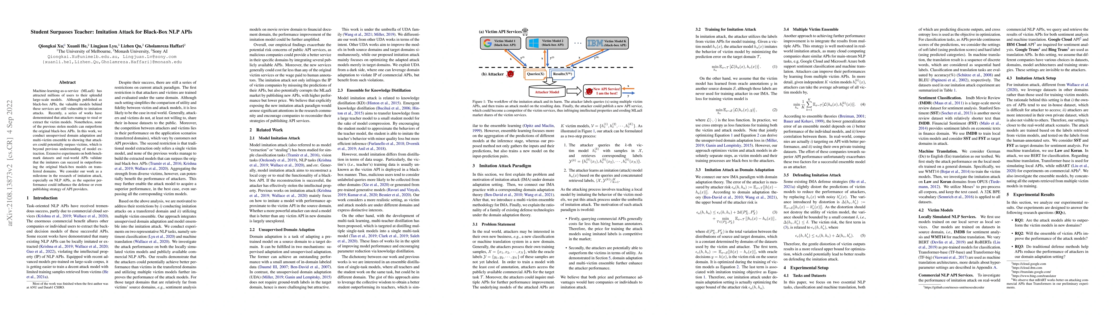 Thumbnail for Student Surpasses Teacher: Imitation Attack for Black-Box NLP APIs