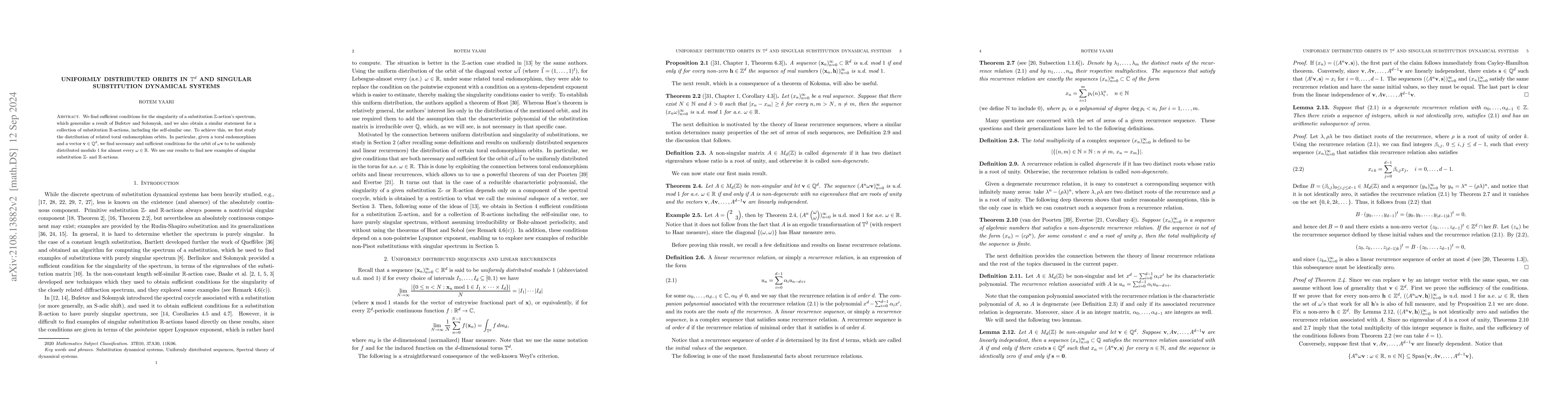Thumbnail for Uniformly distributed orbits in $\mathbb{T}^d$ and singular substitution
  dynamical systems