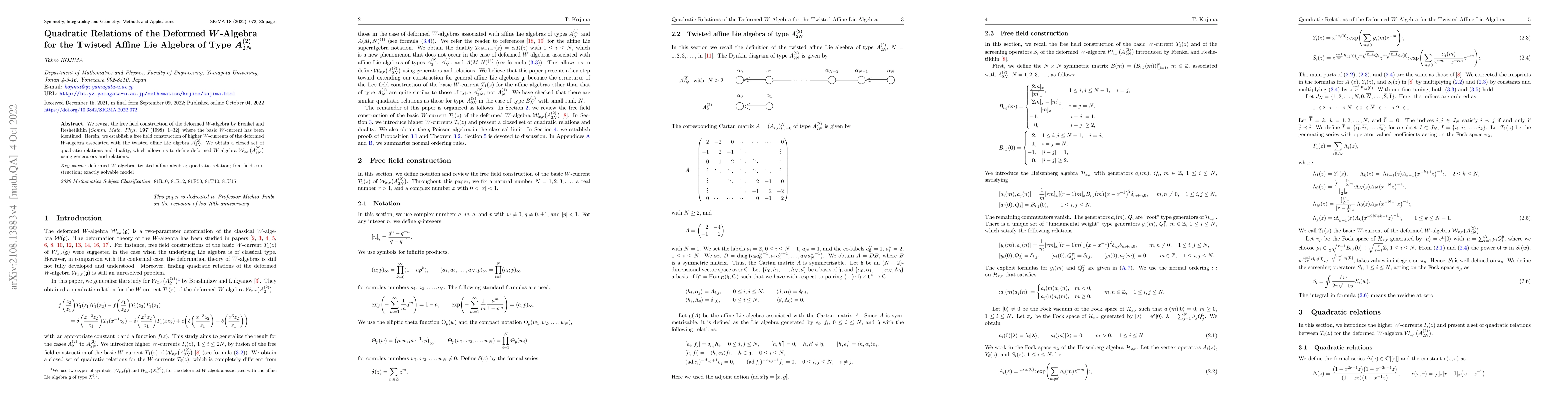 Thumbnail for Quadratic Relations of the Deformed $W$-Algebra for the Twisted Affine
  Lie Algebra of Type $A_{2N}^{(2)}$