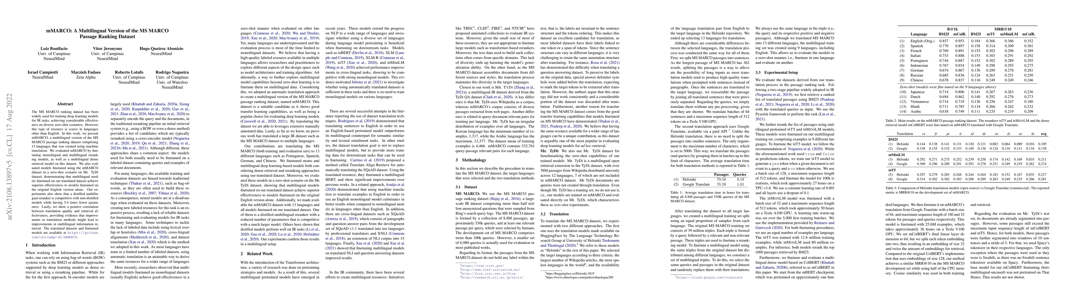 Thumbnail for mMARCO: A Multilingual Version of the MS MARCO Passage Ranking Dataset