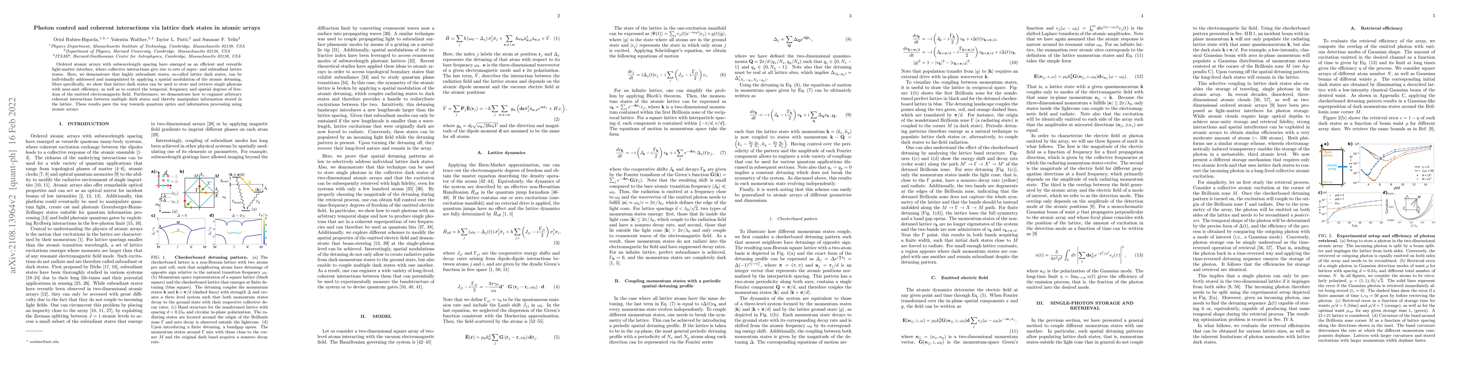 Thumbnail for Photon control and coherent interactions via lattice dark states in
  atomic arrays