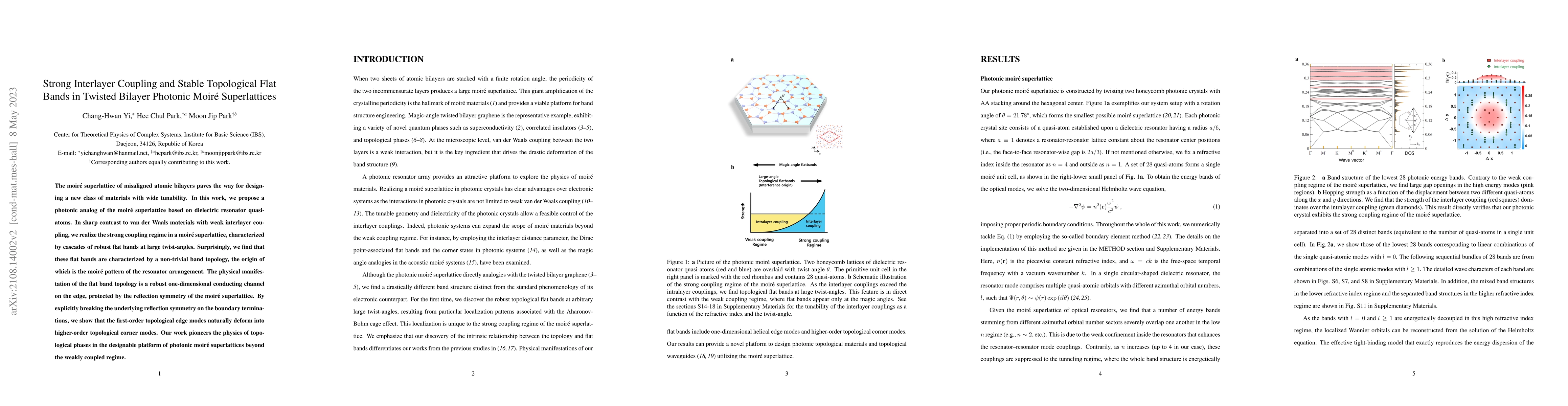 Thumbnail for Strong interlayer coupling and stable topological flat bands in twisted
  bilayer photonic Moire superlattices