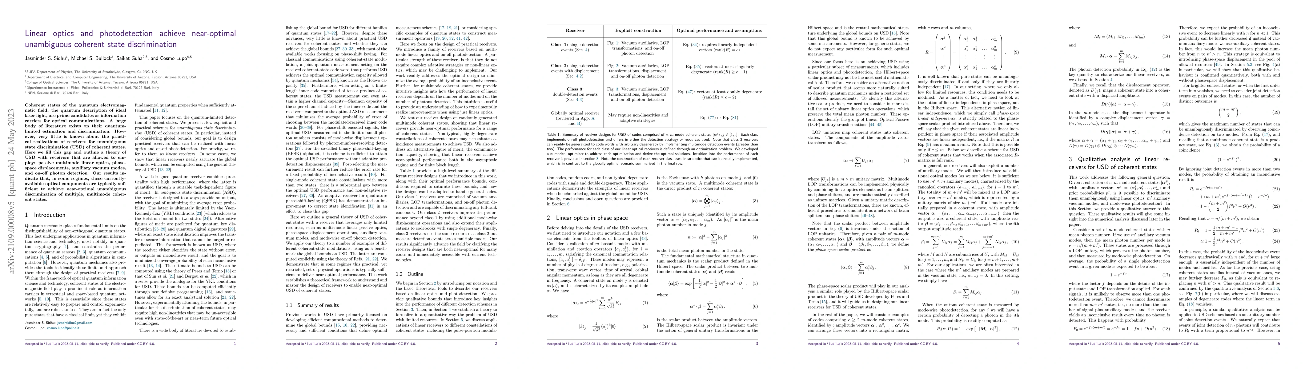 Thumbnail for Linear optics and photodetection achieve near-optimal unambiguous
  coherent state discrimination