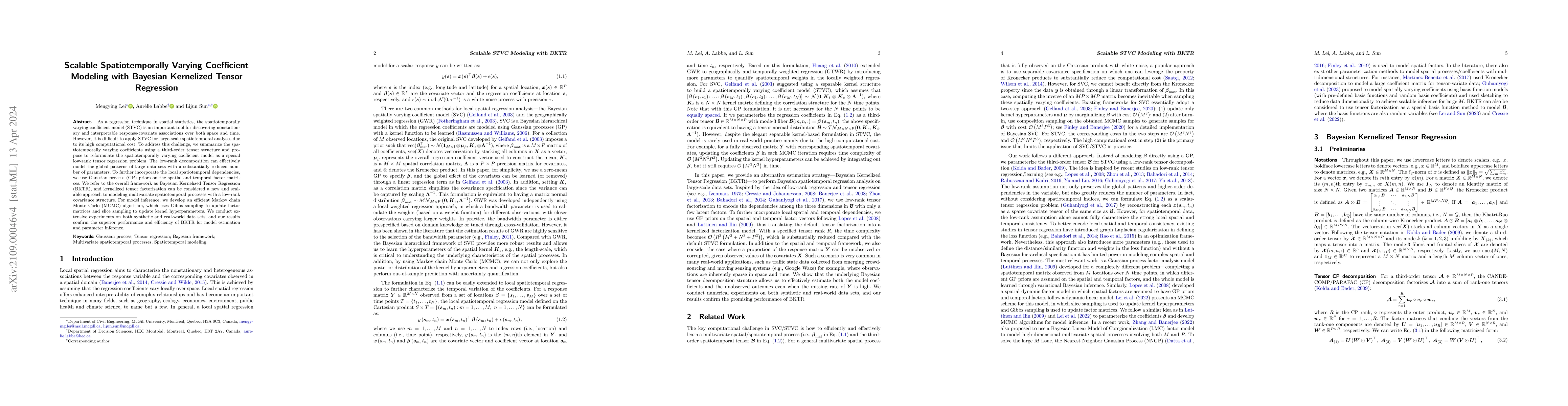 Thumbnail for Scalable Spatiotemporally Varying Coefficient Modelling with Bayesian
  Kernelized Tensor Regression