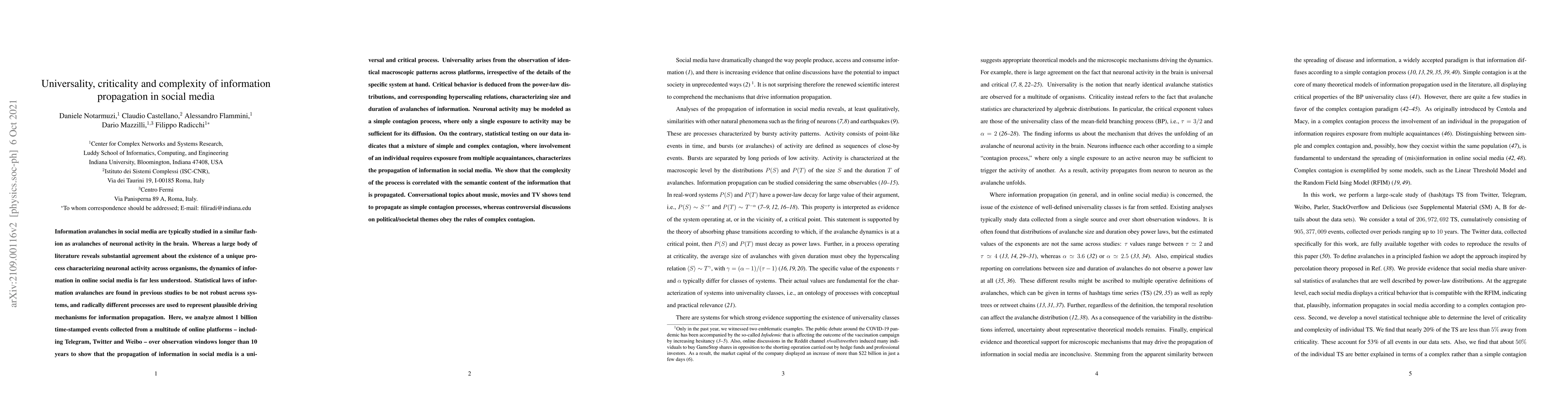 Thumbnail for Universality, criticality and complexity of information propagation in
  social media