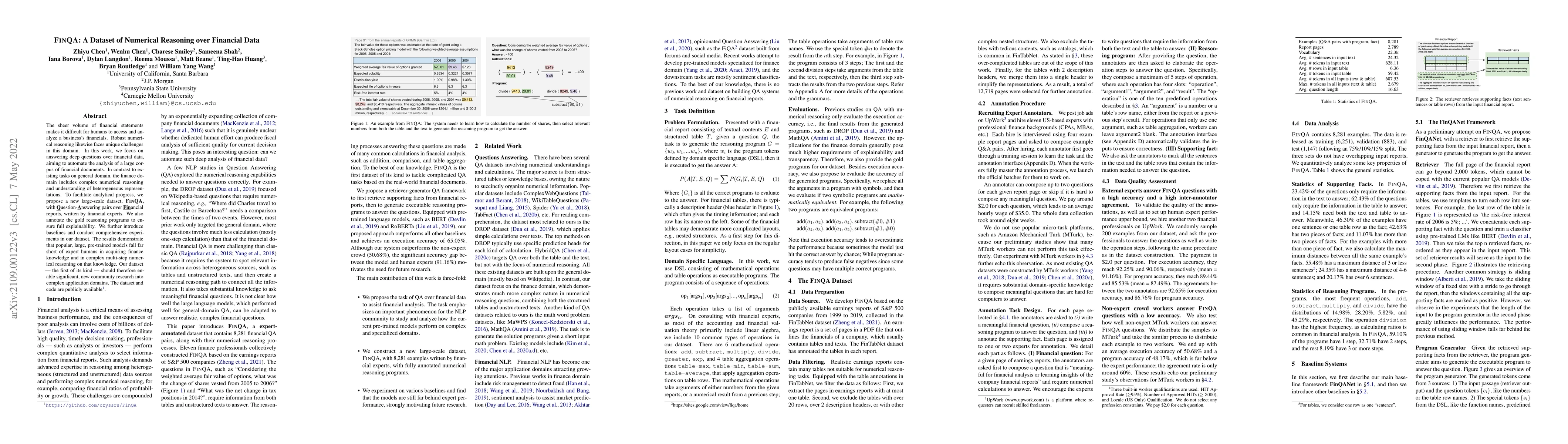 Thumbnail for FinQA: A Dataset of Numerical Reasoning over Financial Data