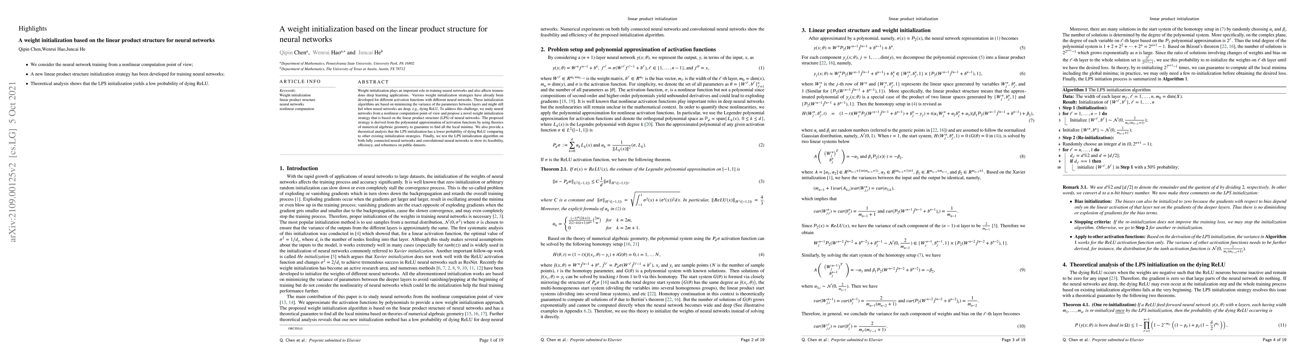 Thumbnail for A Weight Initialization Based on the Linear Product Structure for Neural
  Networks
