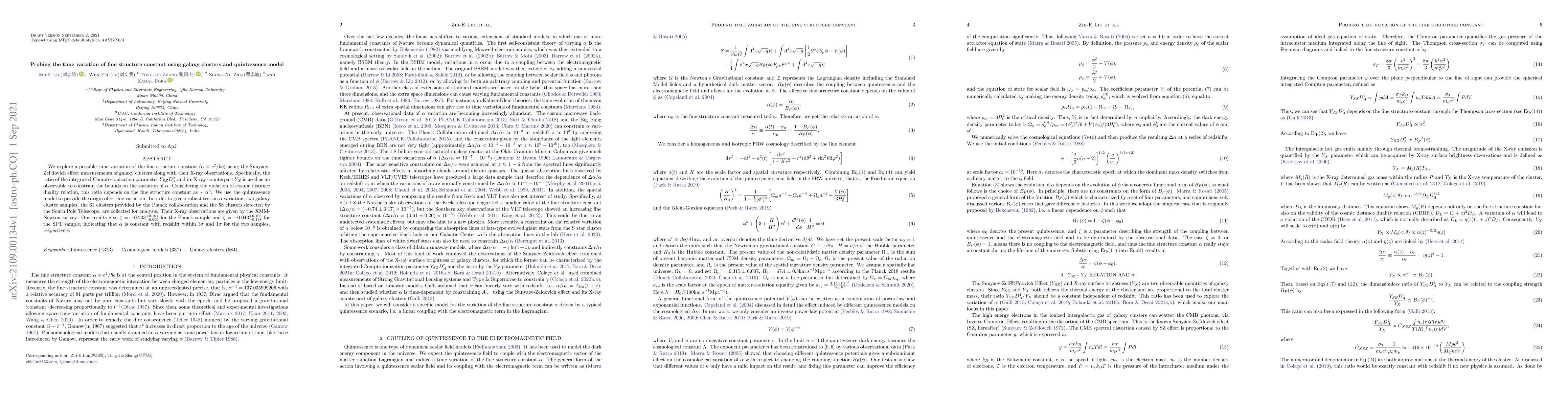 Thumbnail for Probing the time variation of fine structure constant using galaxy
  clusters and quintessence model