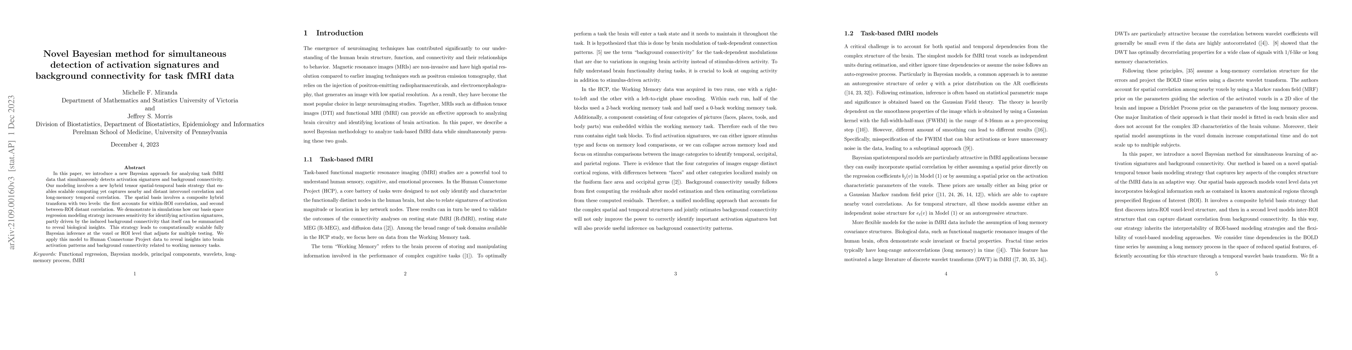 Thumbnail for Novel Bayesian method for simultaneous detection of activation
  signatures and background connectivity for task fMRI data