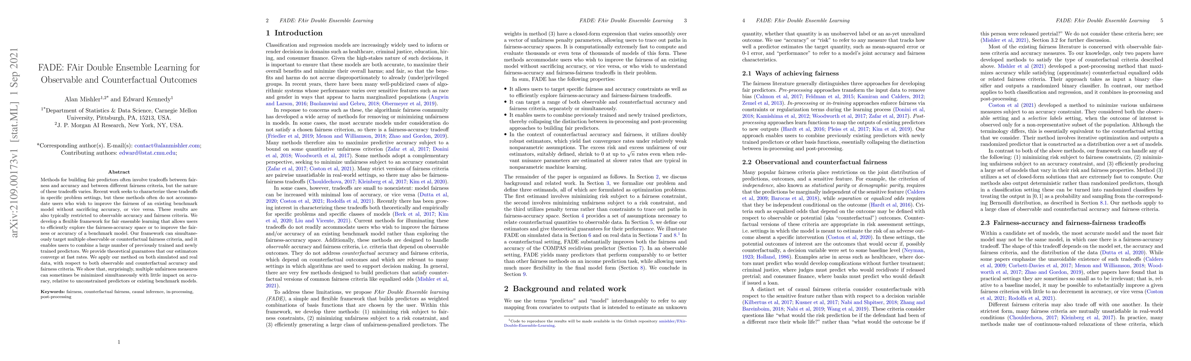 Thumbnail for FADE: FAir Double Ensemble Learning for Observable and Counterfactual
  Outcomes
