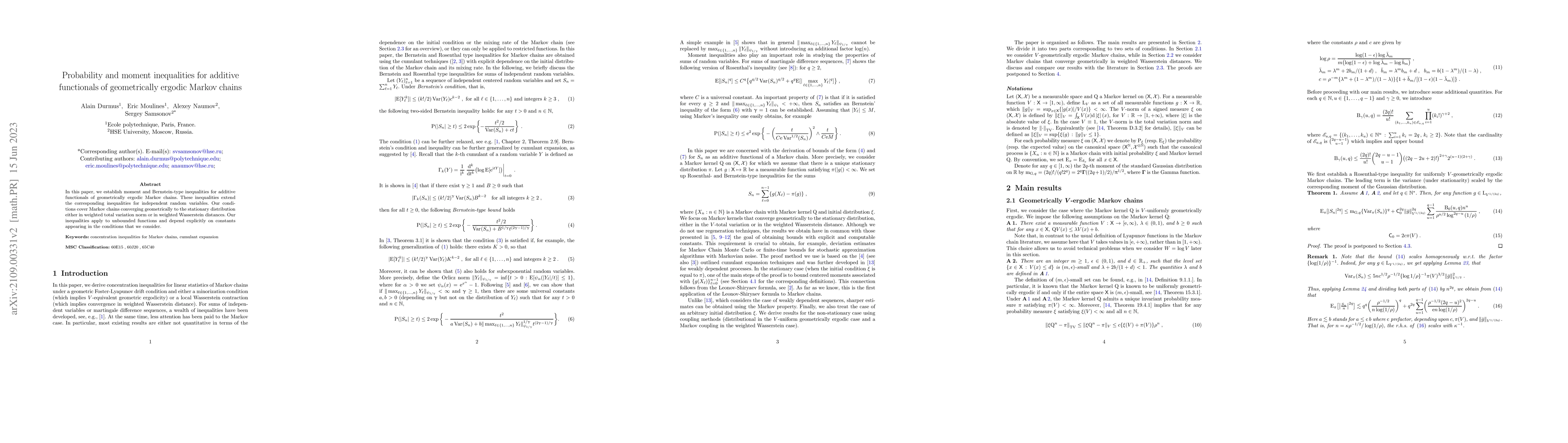 Thumbnail for Probability and moment inequalities for additive functionals of
  geometrically ergodic Markov chains