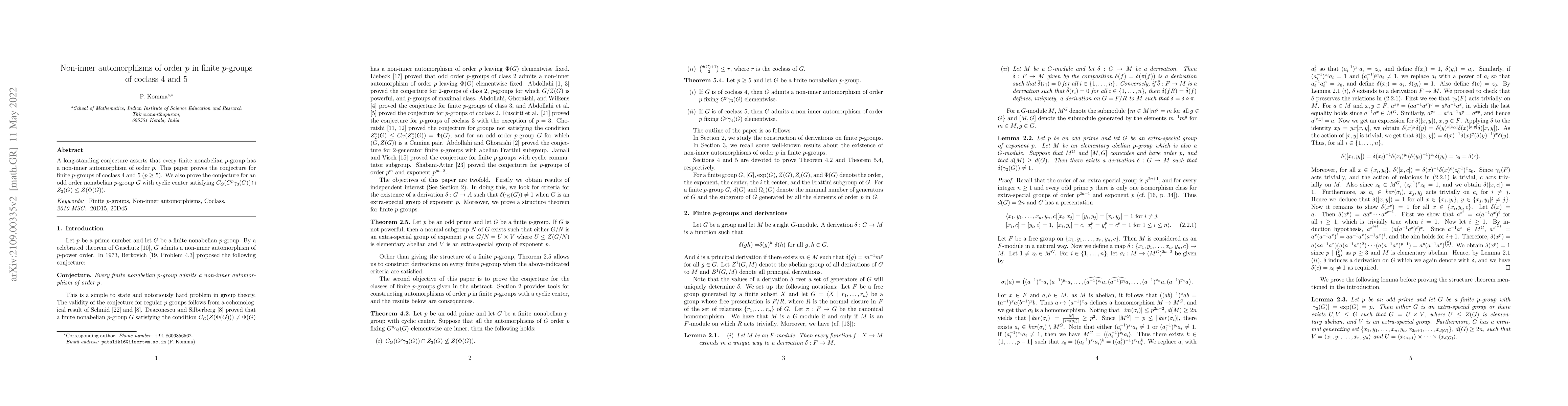 Thumbnail for Non-inner automorphisms of order p in finite p-groups of coclass 4 and
  coclass 5