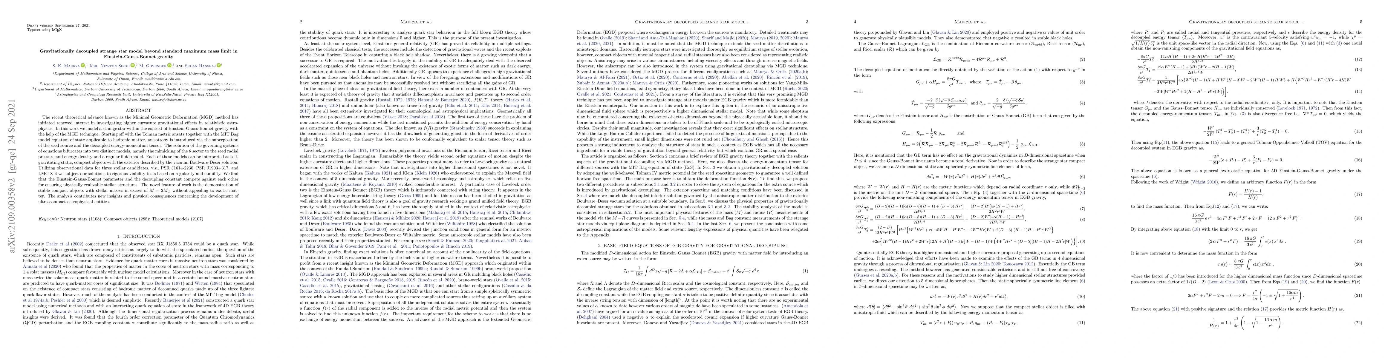 Thumbnail for Gravitationally decoupled strange star model beyond standard maximum
  mass limit in Einstein-Gauss-Bonnet gravity