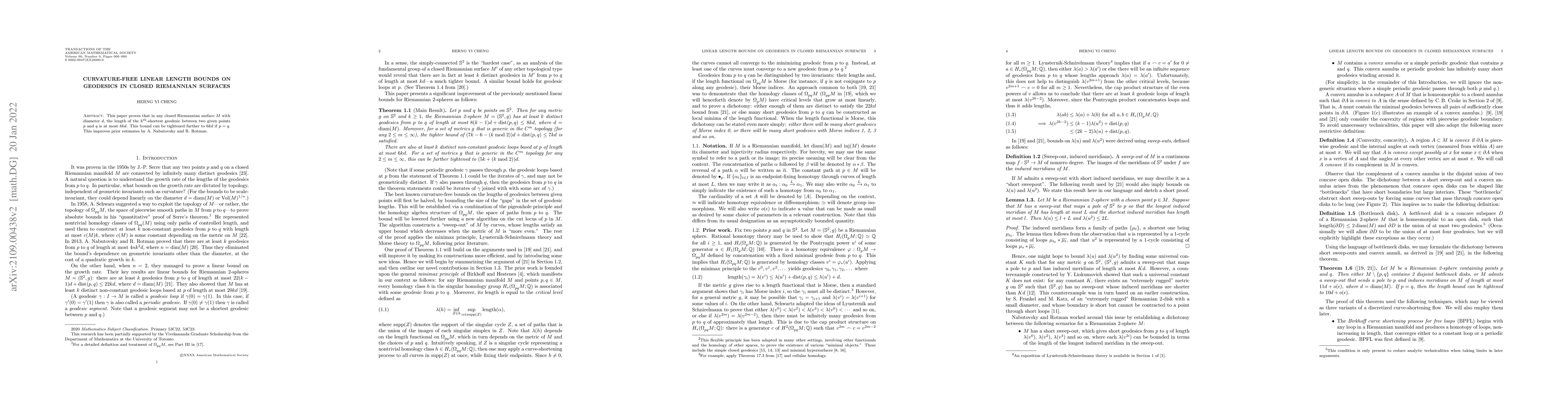 Thumbnail for Curvature-free linear length bounds on geodesics in closed Riemannian
  surfaces