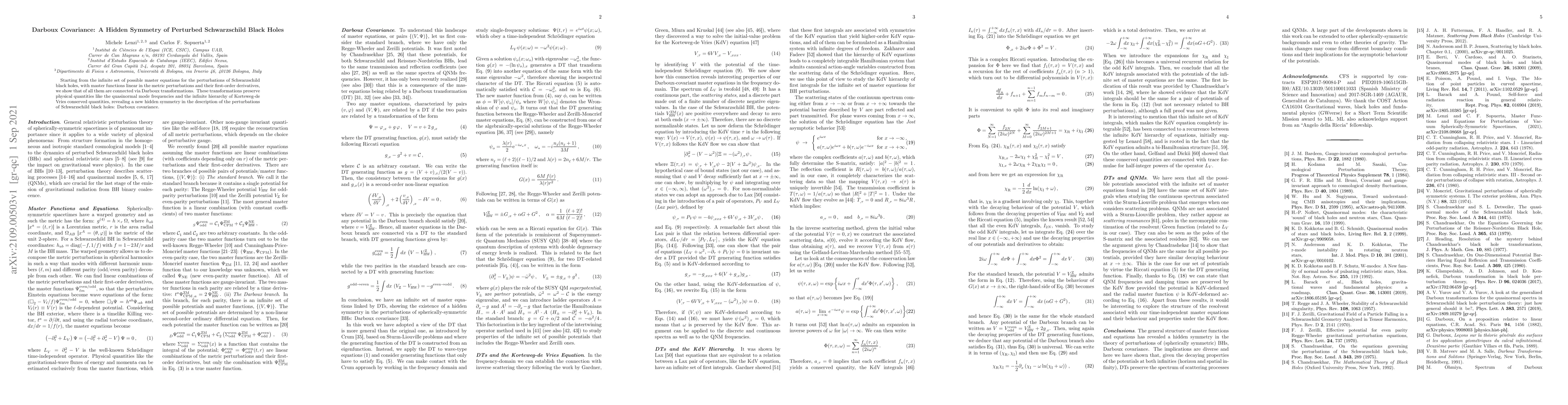 Thumbnail for Darboux Covariance: A Hidden Symmetry of Perturbed Schwarzschild Black
  Holes