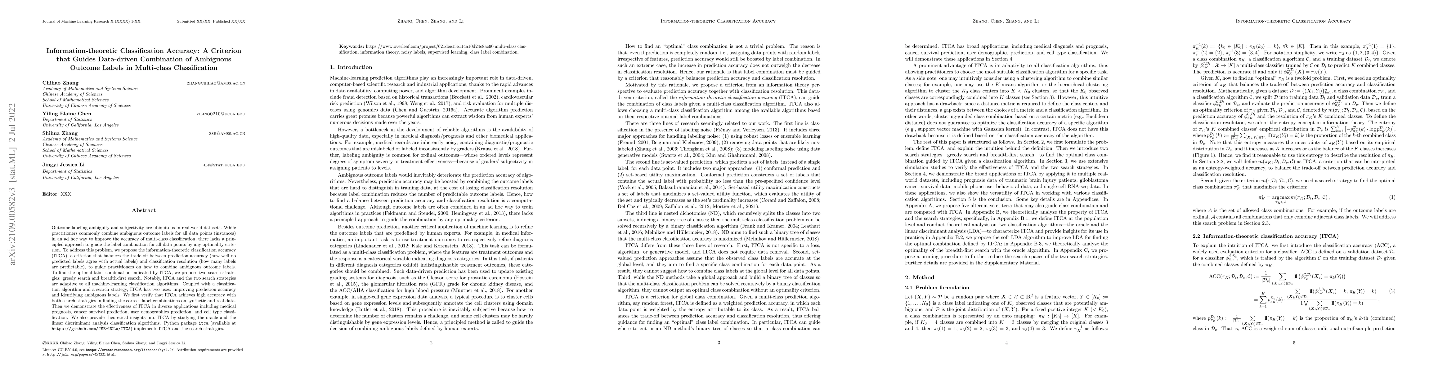 Thumbnail for Information-theoretic Classification Accuracy: A Criterion that Guides
  Data-driven Combination of Ambiguous Outcome Labels in Multi-class
  Classification