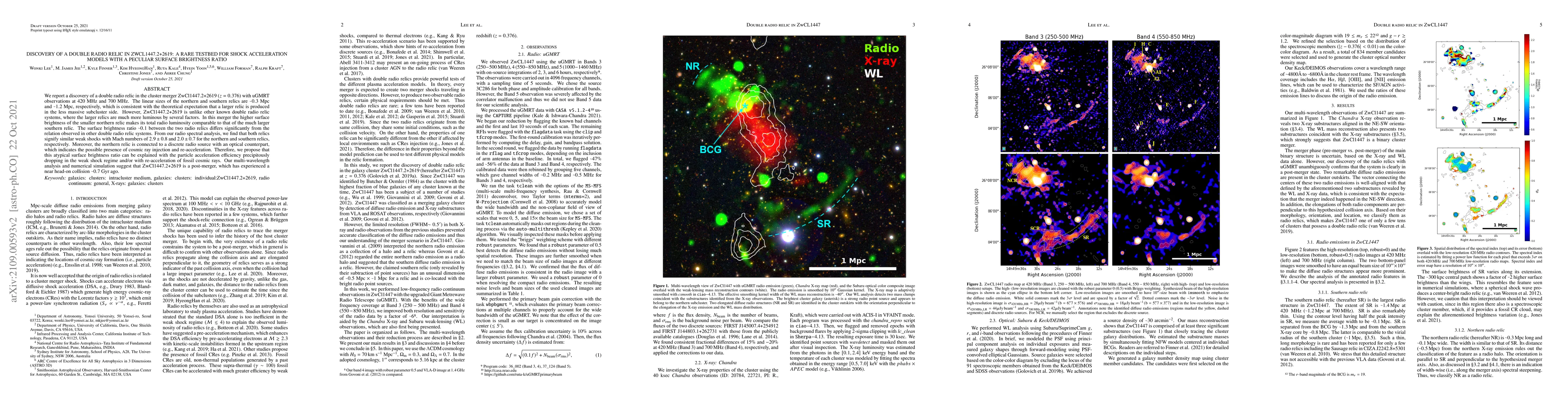 Thumbnail for Discovery of a double radio relic in ZwCl1447.2+2619: A rare testbed for
  shock acceleration models with a peculiar surface brightness ratio