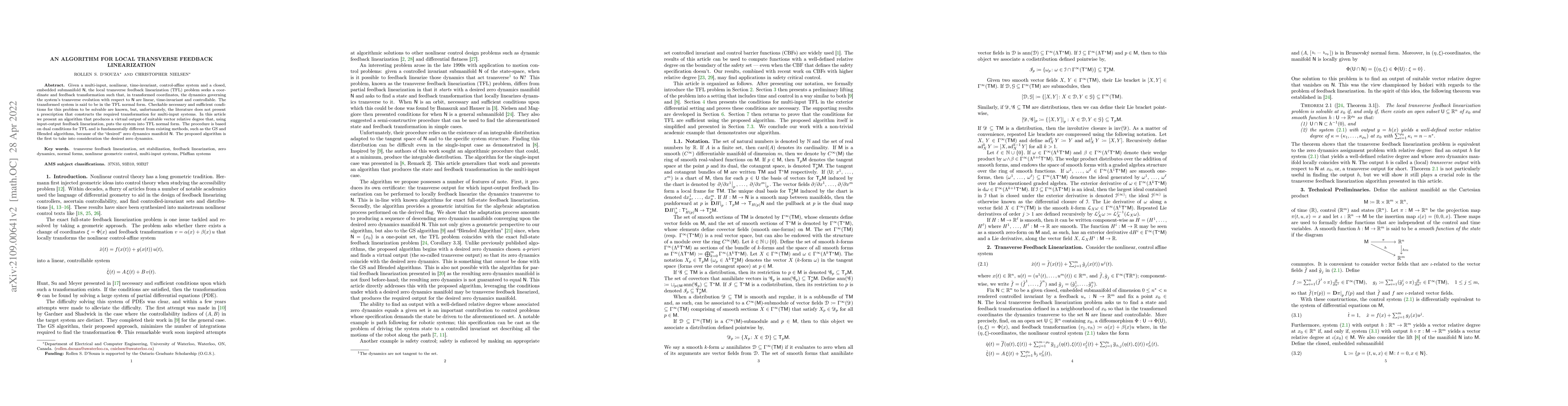 Thumbnail for An Algorithm for Local Transverse Feedback Linearization