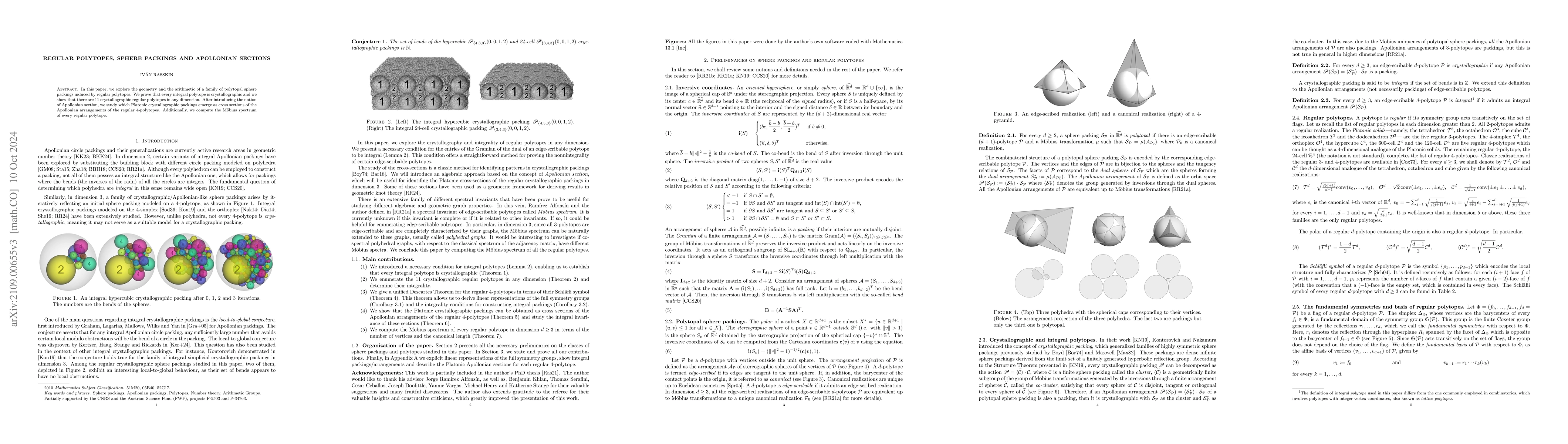 Thumbnail for Regular polytopes, sphere packings and Apollonian sections