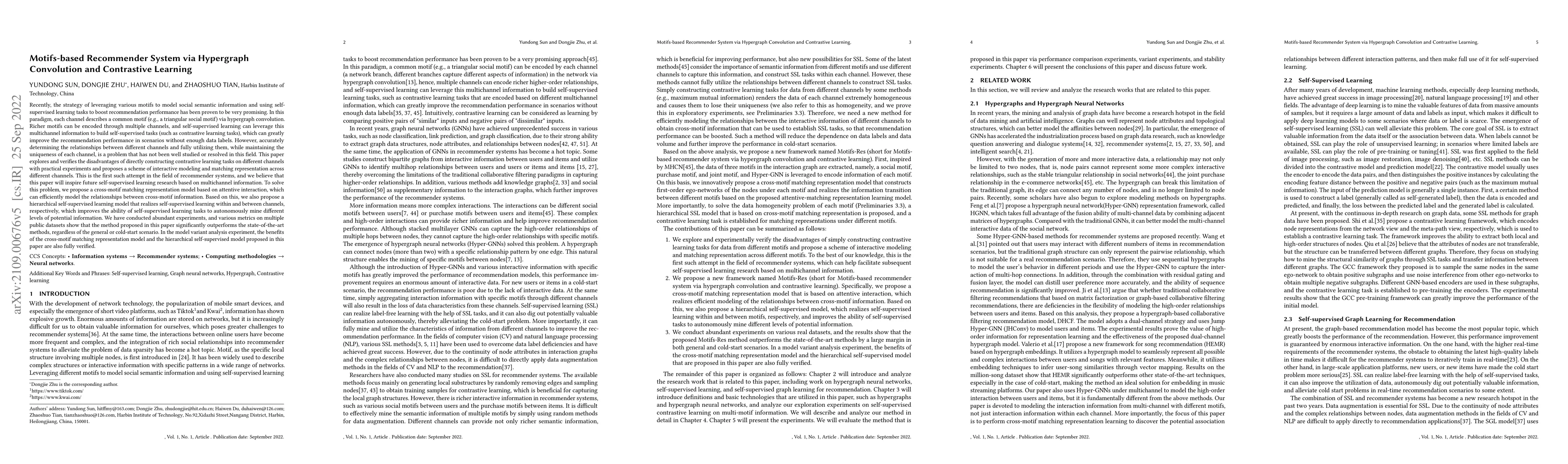 Thumbnail for Motifs-based Recommender System via Hypergraph Convolution and
  Contrastive Learning