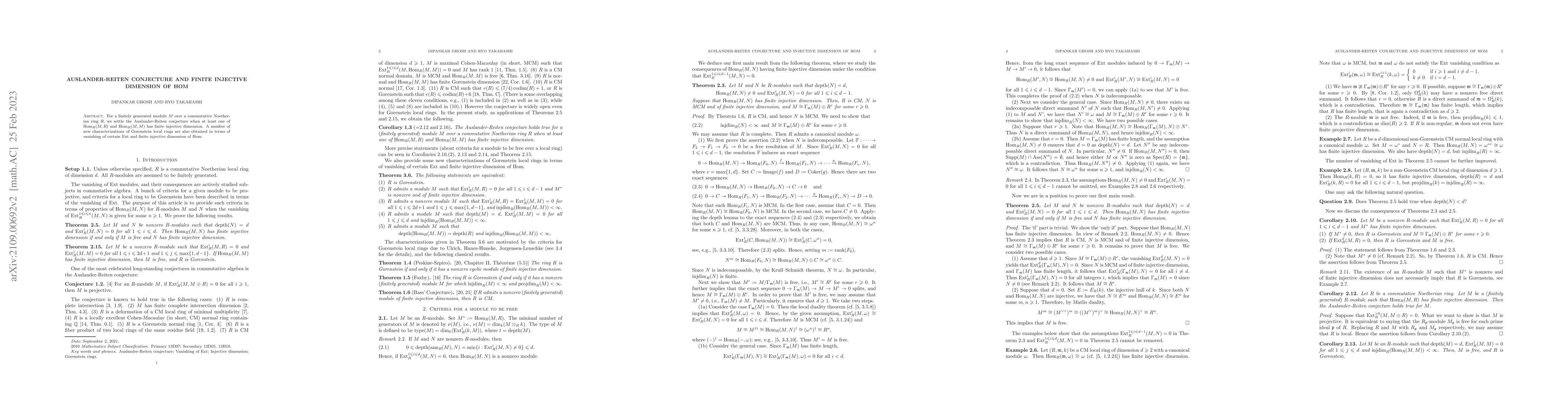 Thumbnail for Auslander-Reiten conjecture and finite injective dimension of Hom