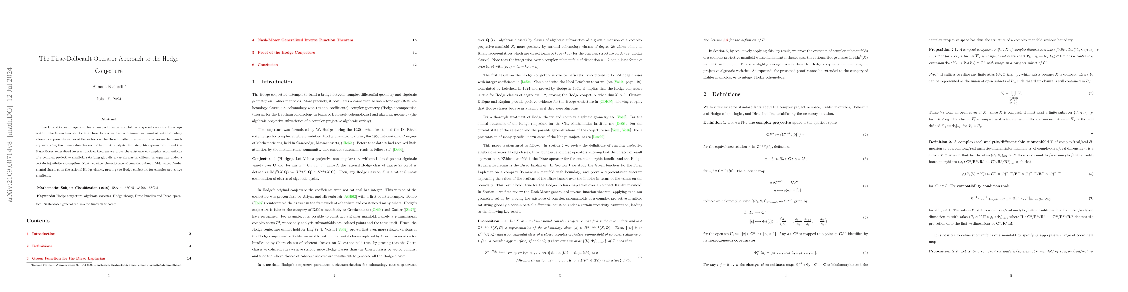 Thumbnail for The Dirac-Dolbeault Operator Approach to the Hodge Conjecture