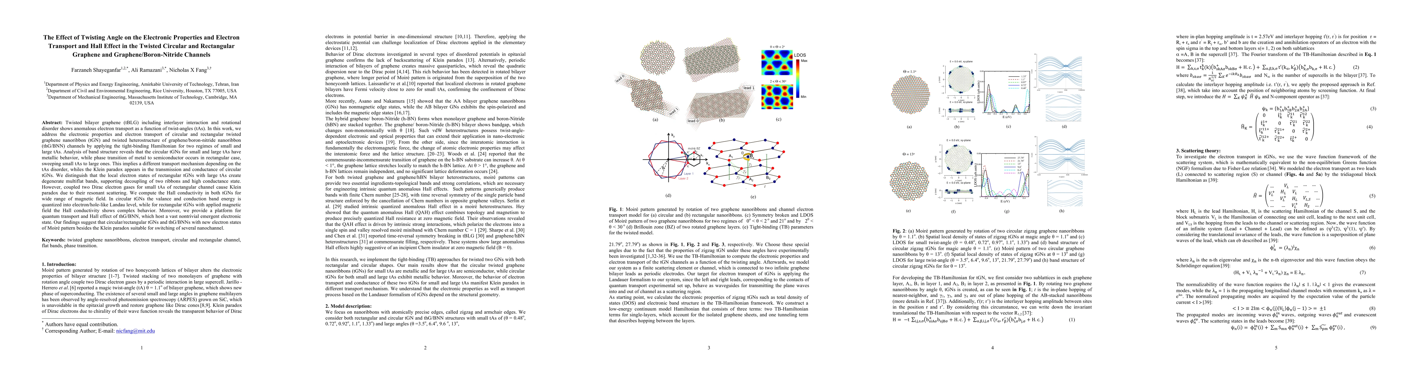 Thumbnail for The Effect of Twisting Angle on the Electronic Properties and Electron
  Transport and Hall Effect in the Twisted Circular and Rectangular Graphene
  and Graphene/Boron-Nitride Channels
