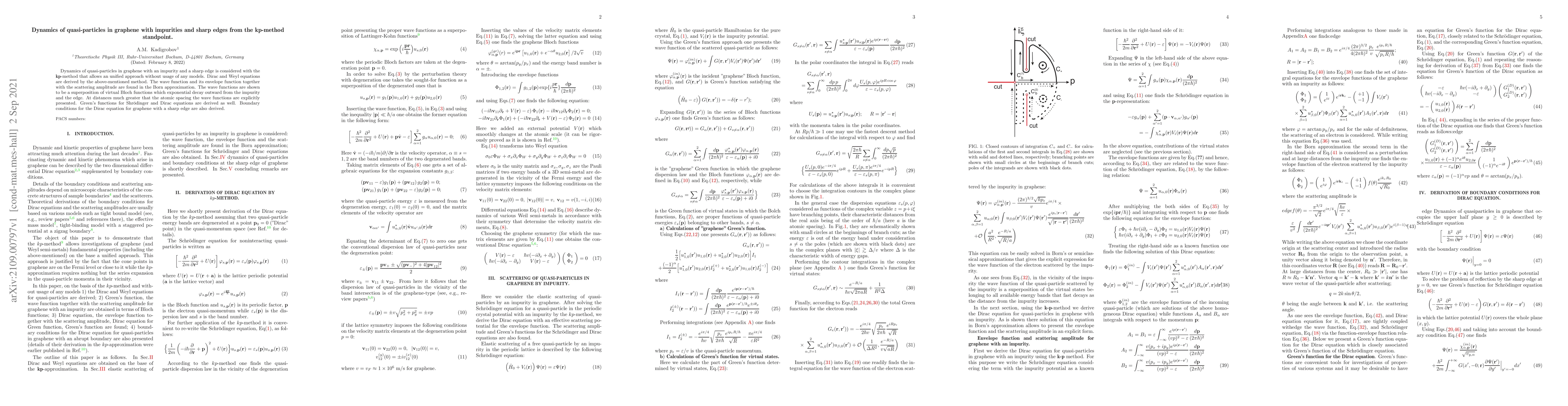 Thumbnail for Dynamics of quasi-particles in graphene with impurities and sharp edges
  from the kp method standpoint