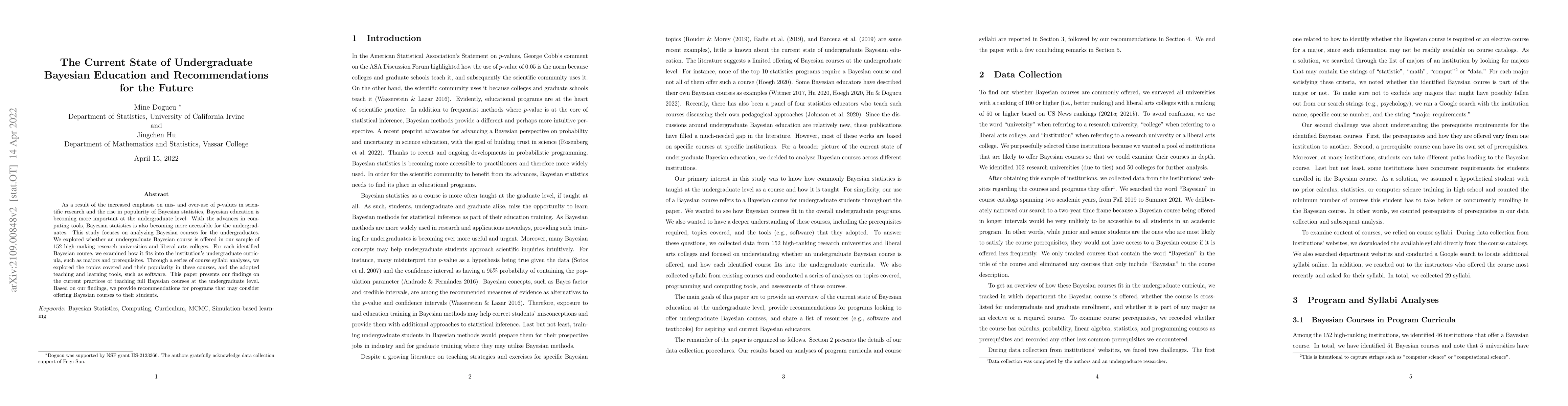 Thumbnail for The Current State of Undergraduate Bayesian Education and
  Recommendations for the Future