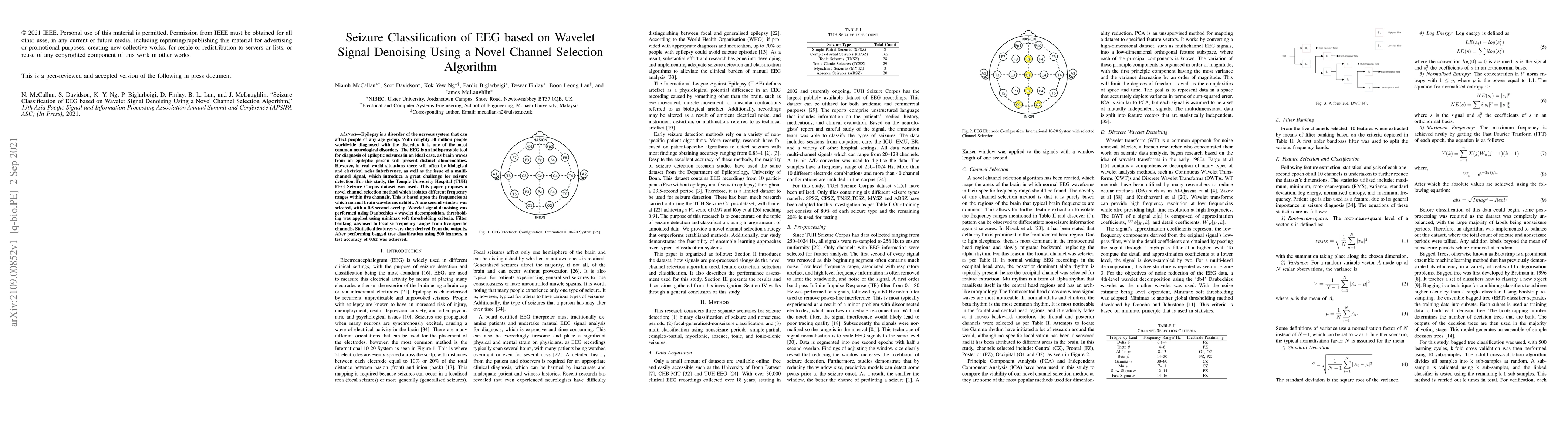 Thumbnail for Seizure Classification of EEG based on Wavelet Signal Denoising Using a
  Novel Channel Selection Algorithm