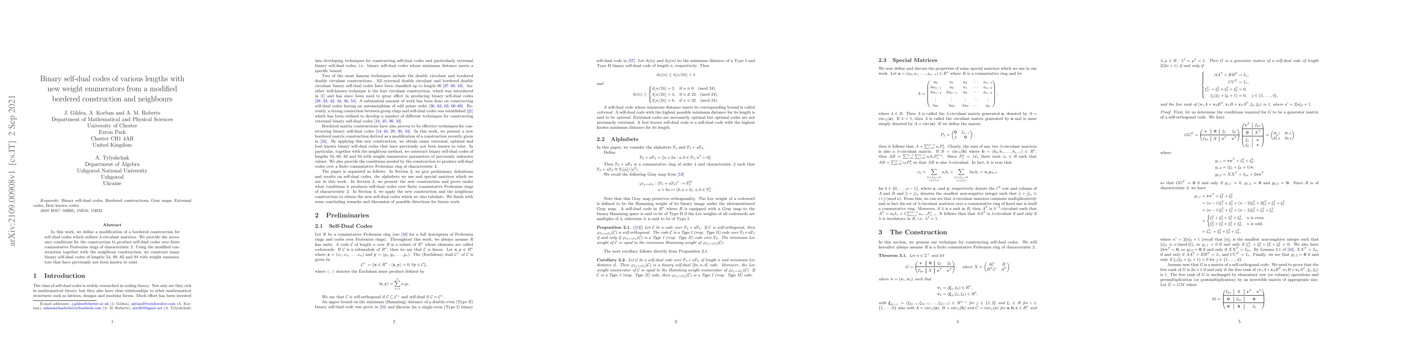 Thumbnail for Binary self-dual codes of various lengths with new weight enumerators
  from a modified bordered construction and neighbours