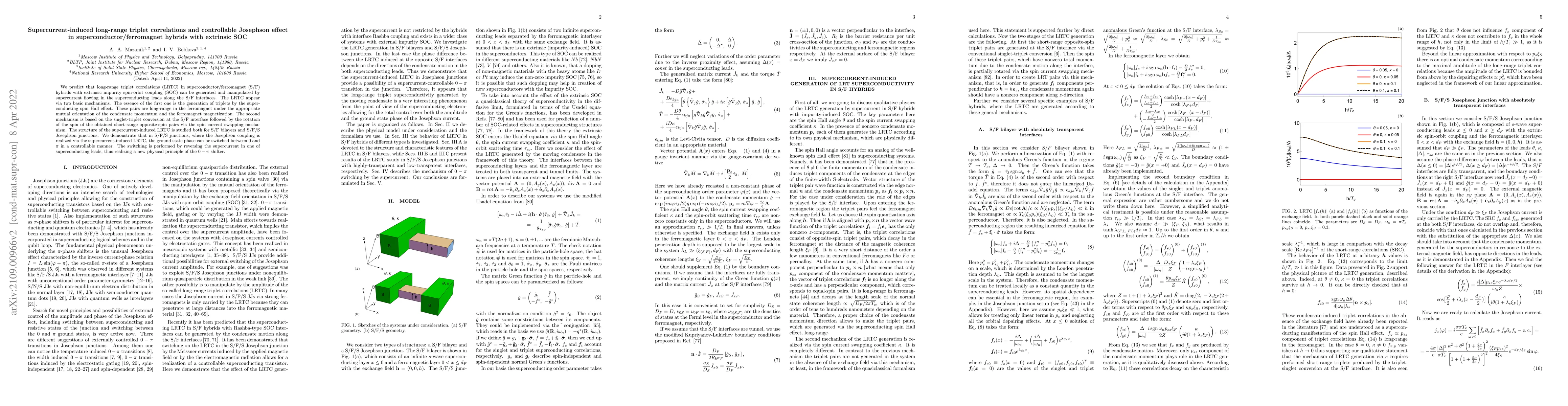 Thumbnail for Supercurrent-induced long-range triplet correlations and controllable
  Josephson effect in superconductor/ferromagnet hybrids with extrinsic SOC